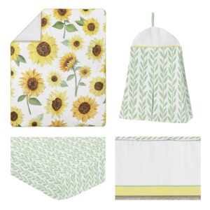 Sweet Jojo Designs Yellow, Green and White Sunflower Boho Floral Baby Girl Nursery Crib Bedding Set - 4 Pieces - Farmhouse Watercolor Flower