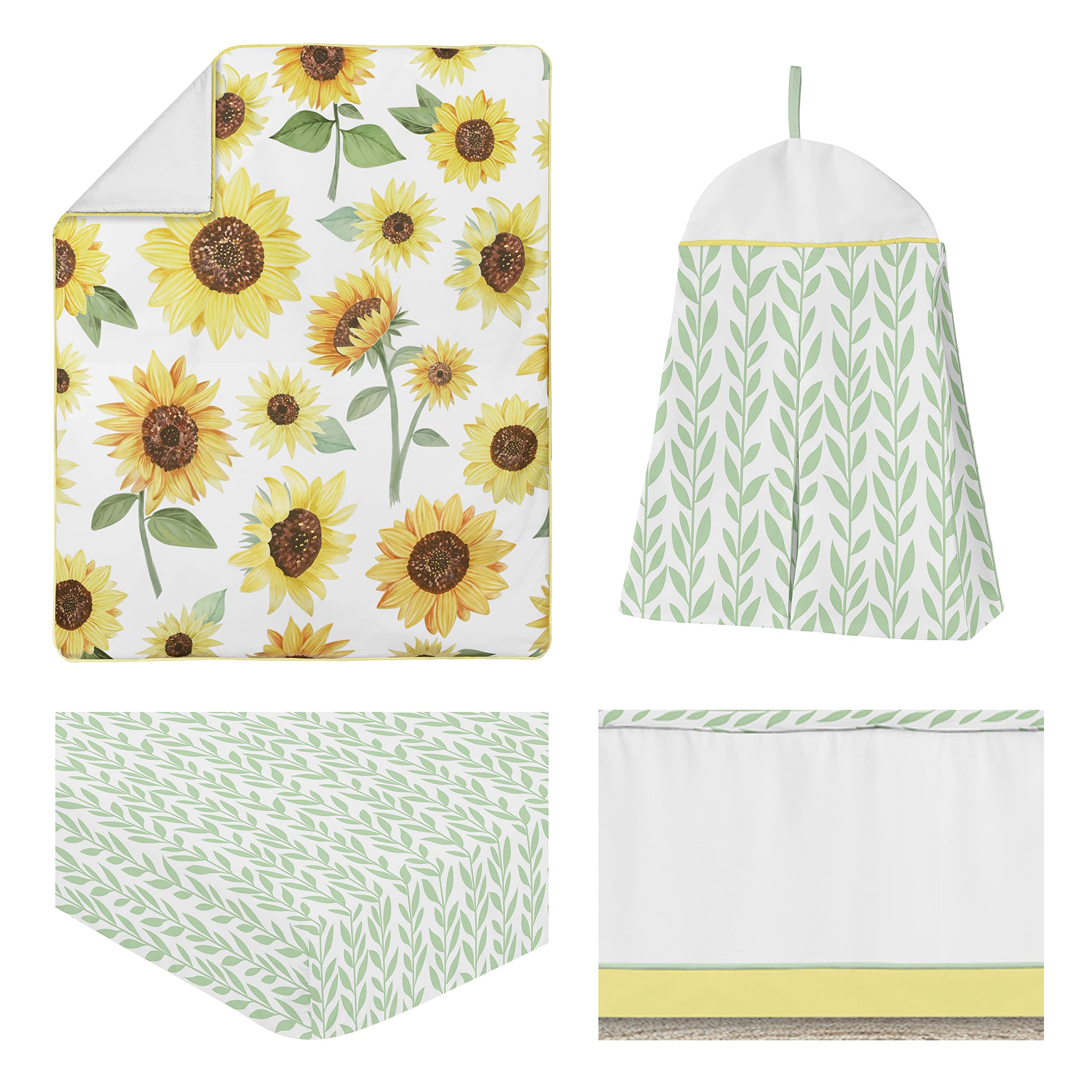 Sweet Jojo Designs Yellow, Green and White Sunflower Boho Floral Baby Girl Nursery Crib Bedding Set - 4 Pieces - Farmhouse Watercolor Flower