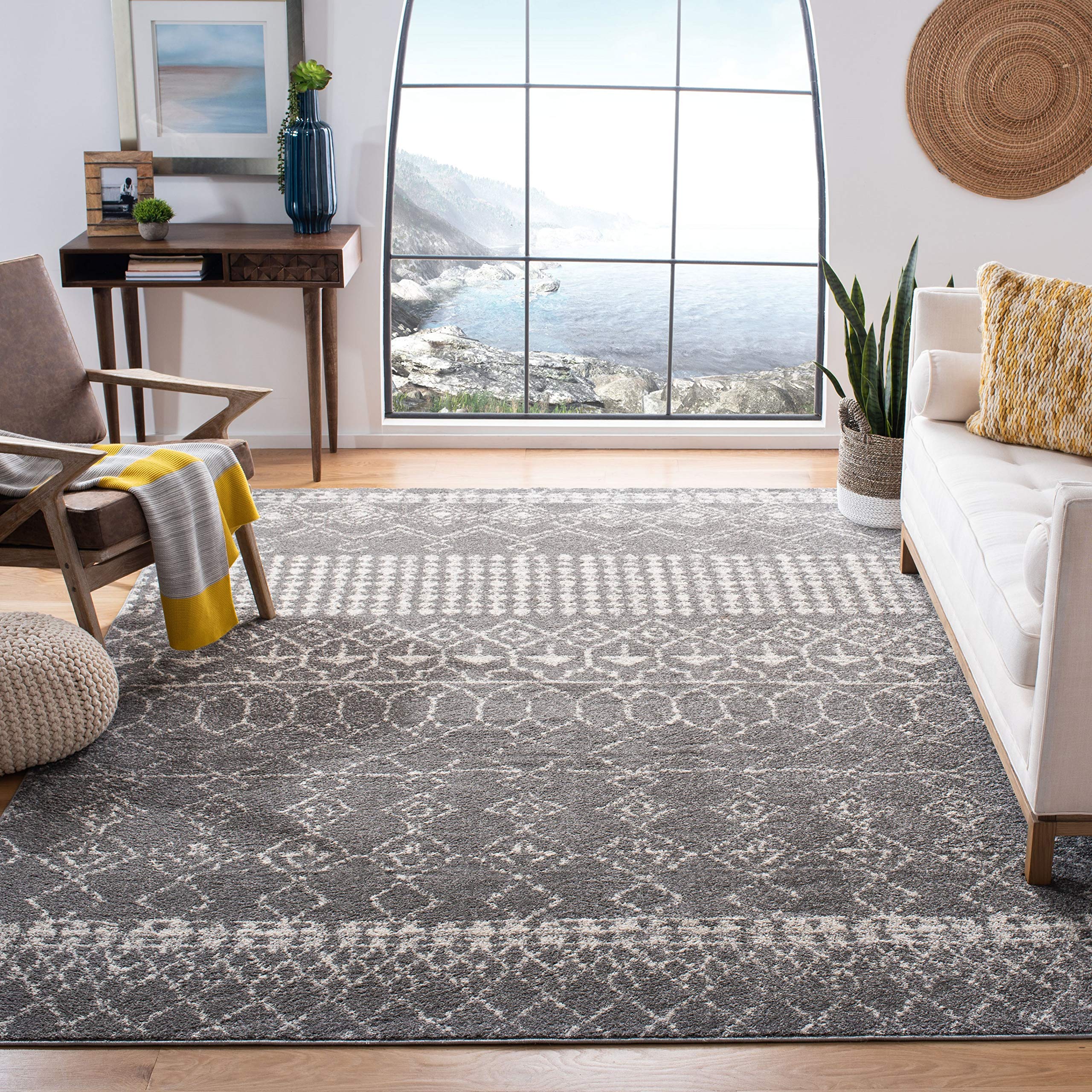 SAFAVIEH Tulum Collection 6'7" Square Grey/Ivory TUL229F Moroccan Boho Distressed Non-Shedding Living Room Bedroom Dining Home Office Area Rug