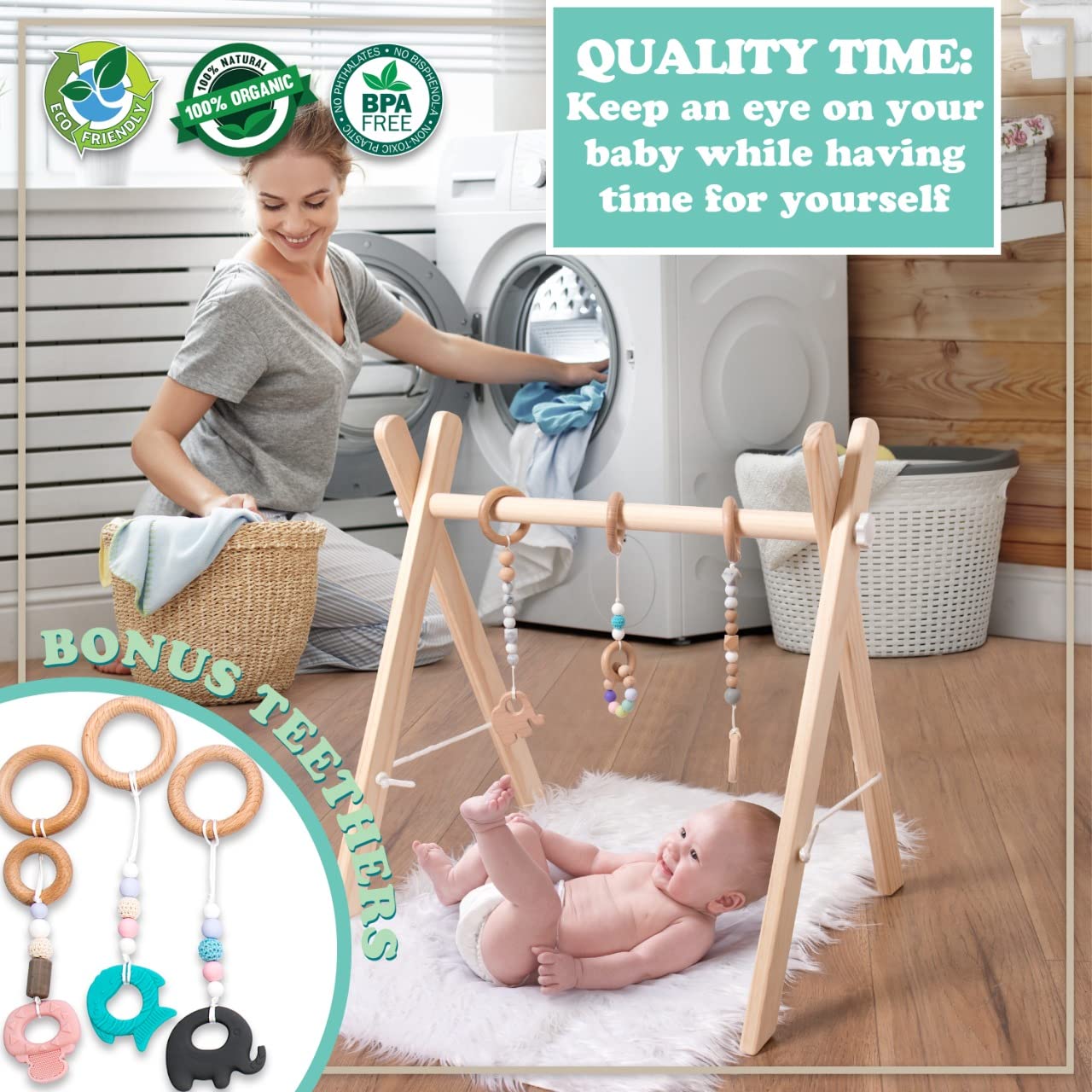 LAVIELLE Wooden Baby Gym Set with 6 Hanging Teethers, Montessori Foldable Play Gym for Newborns, Ideal Nursery Activity Center, Perfect Giftable Toy Set