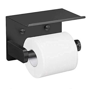 VAEHOLD Self Adhesive Toilet Paper Holder with Phone Shelf Stainless Steel Wall Mounted Toilet Paper Roll Holder - Rustproof and Bathroom Washroom Tissue Roll Holder with Shelf - Black