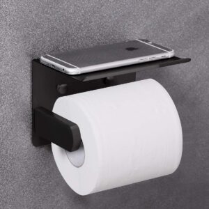 VAEHOLD Self Adhesive Toilet Paper Holder with Phone Shelf Stainless Steel Wall Mounted Toilet Paper Roll Holder - Rustproof and Bathroom Washroom Tissue Roll Holder with Shelf - Black