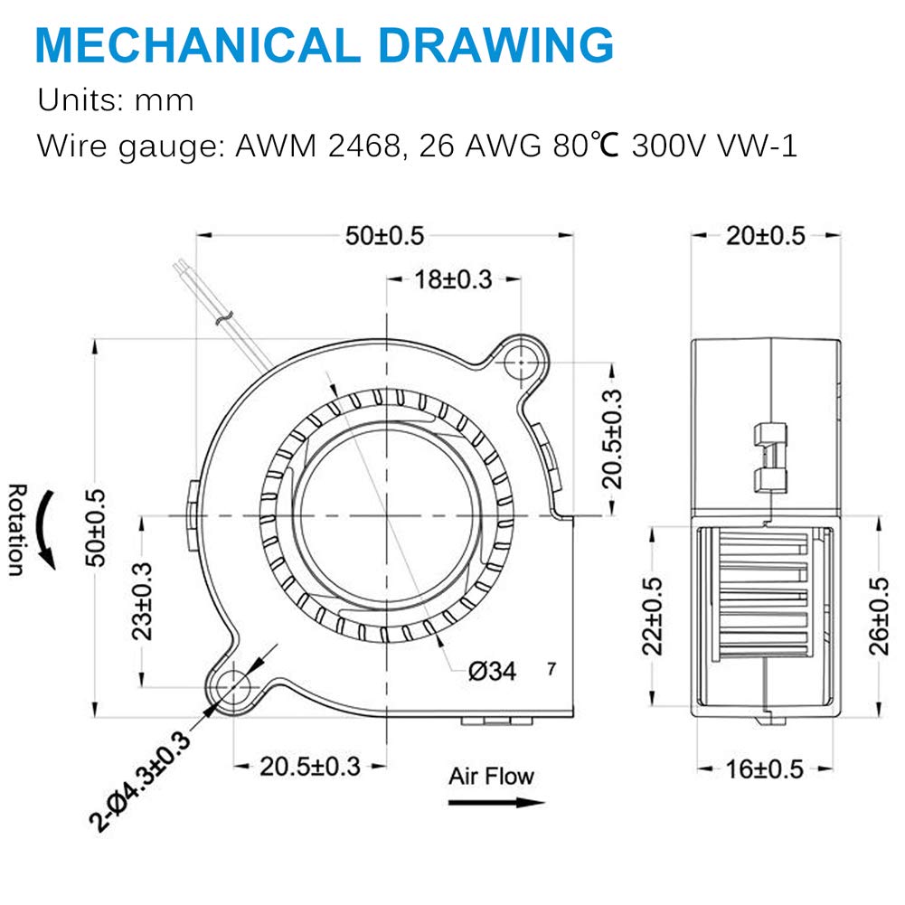 GDSTIME 50mm Turbo Cooling Fan, 12v Blower Fan, 50mm x 20mm DC Brushless Blower Fan Diagonal Hole Distance 57MM