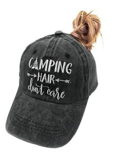 manmesh hatt camping hair don't care ponytail hat vintage washed distressed baseball dad cap for women (black, one size)