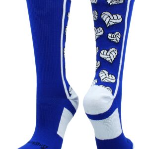 MadSportsStuff Crazy Love Volleyball Hearts Crew Socks (Royal/White, Large)