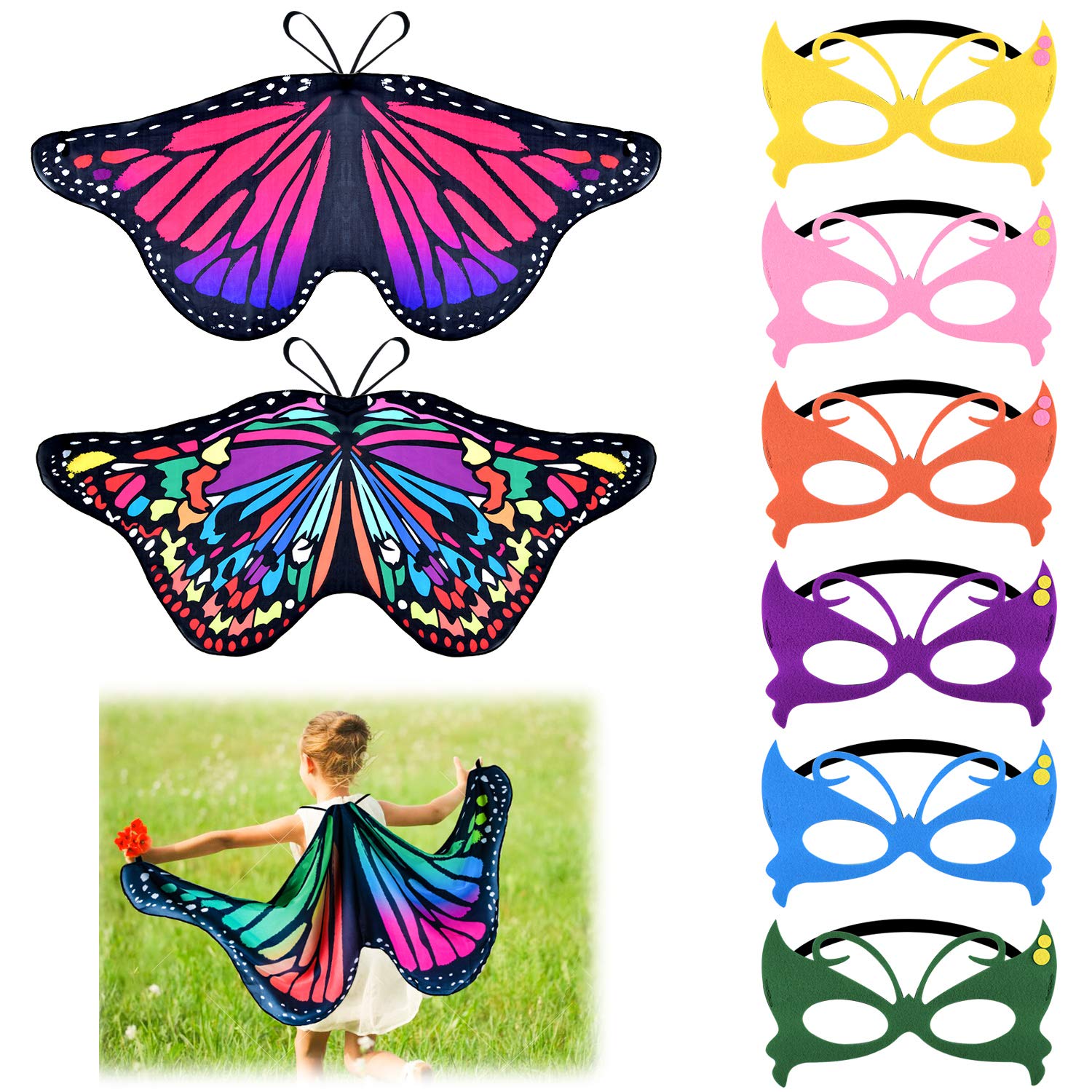 9 Pieces Kids Butterfly Costume Fairy Butterfly Wings Masquerade Masks Halloween Girls Dress Up Pretend Play (Classic Series)