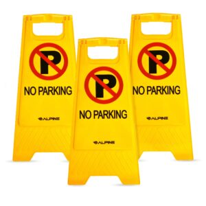 Alpine Two-Sided Fold-Out No Parking Signs, Pack of 3 - Portable Outdoor Folding Floor Sign - Yellow Self Standing & Easy to Read Plastic Board for Restaurants and Businesses