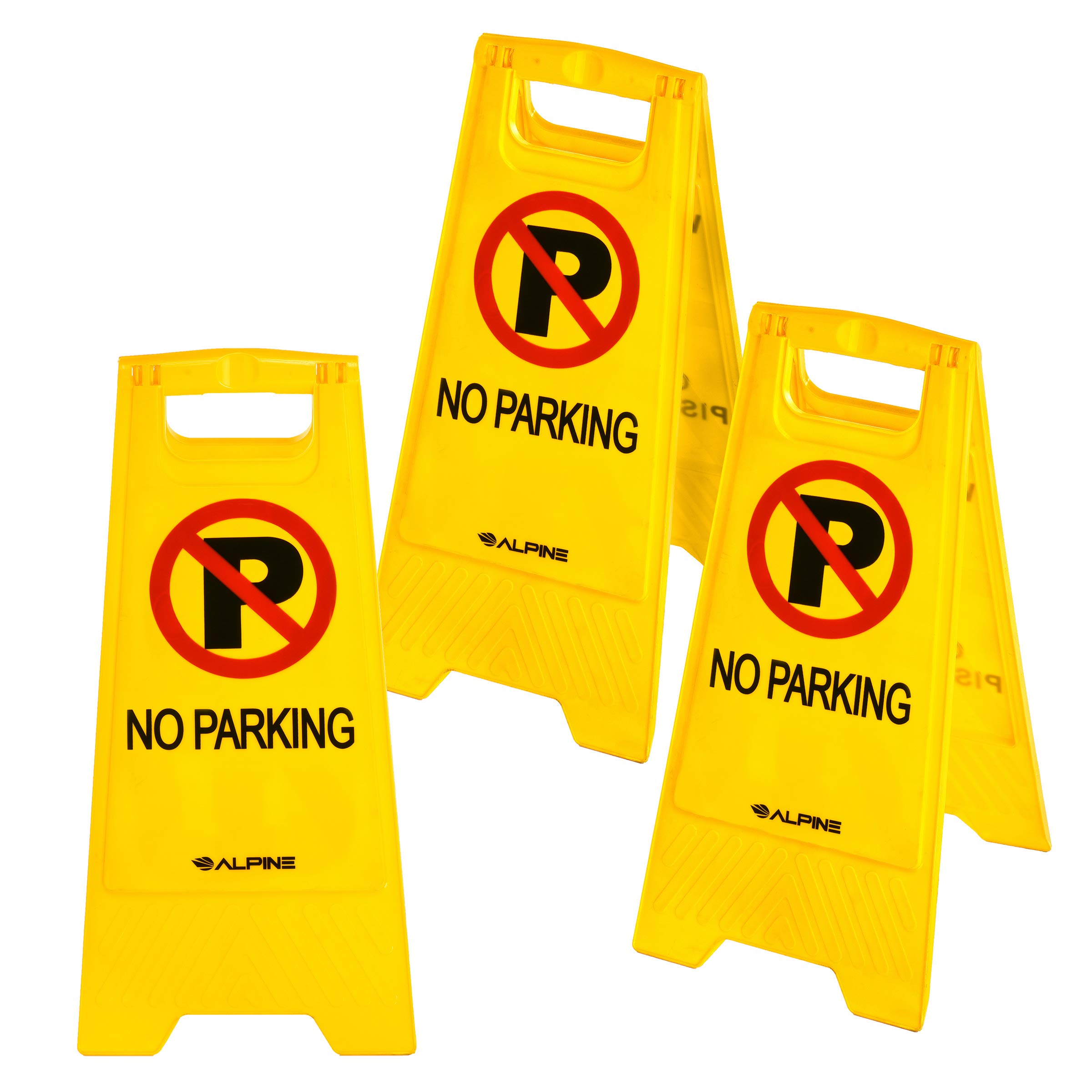 Alpine Two-Sided Fold-Out No Parking Signs, Pack of 3 - Portable Outdoor Folding Floor Sign - Yellow Self Standing & Easy to Read Plastic Board for Restaurants and Businesses