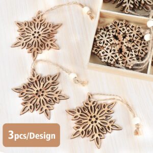 ilauke 12pcs Wooden Snowflakes Decorations 3 inch Christmas Ornaments Wood Hanging Ornament Rustic Farmhouse Christmas Craft Supplies