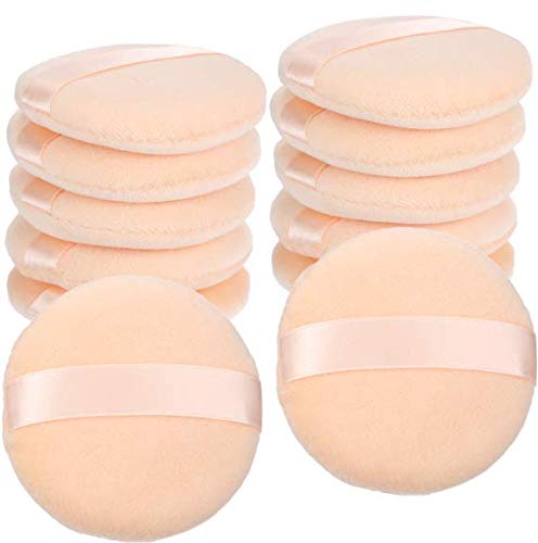 12 Pieces Cotton Powder Puffs Round 3.4 inch Makeup Puffs Pads with Strap, Washable Large Face Body Powder Puffs for Loose Mineral Powder (Champagne-colored, 3.4 Inch)