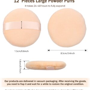 12 Pieces Cotton Powder Puffs Round 3.4 inch Makeup Puffs Pads with Strap, Washable Large Face Body Powder Puffs for Loose Mineral Powder (Champagne-colored, 3.4 Inch)