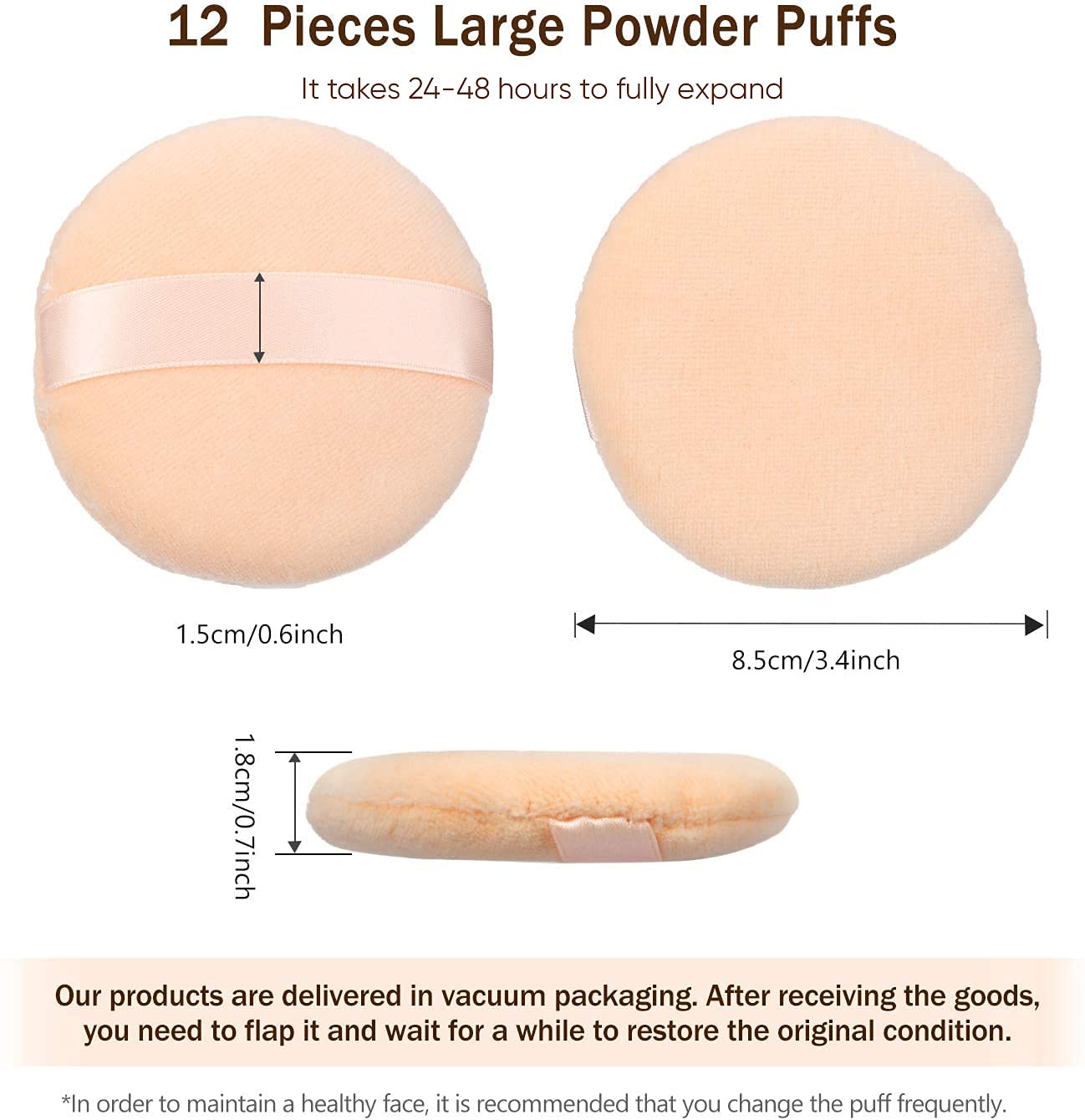 12 Pieces Cotton Powder Puffs Round 3.4 inch Makeup Puffs Pads with Strap, Washable Large Face Body Powder Puffs for Loose Mineral Powder (Champagne-colored, 3.4 Inch)