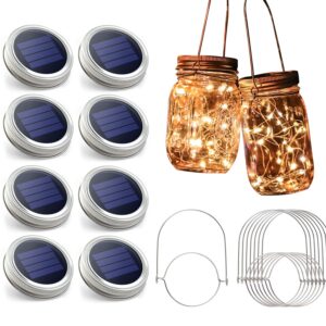 Urvoix Solar Mason Jar Lights - 8 Pack 30 Led Fairy Solar Jar Lid Lights with 8 Handle (Jars Not Included), Waterproof Outdoor Mason Jar Lights for Garden Backyard Patio Decor