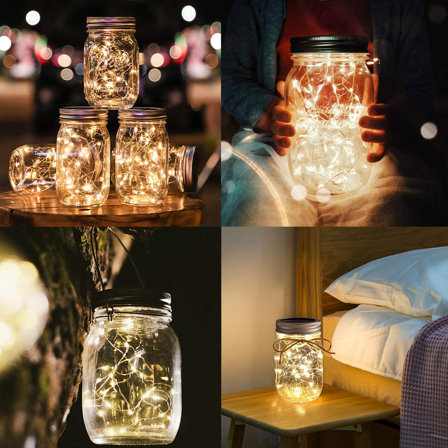 Urvoix Solar Mason Jar Lights - 8 Pack 30 Led Fairy Solar Jar Lid Lights with 8 Handle (Jars Not Included), Waterproof Outdoor Mason Jar Lights for Garden Backyard Patio Decor