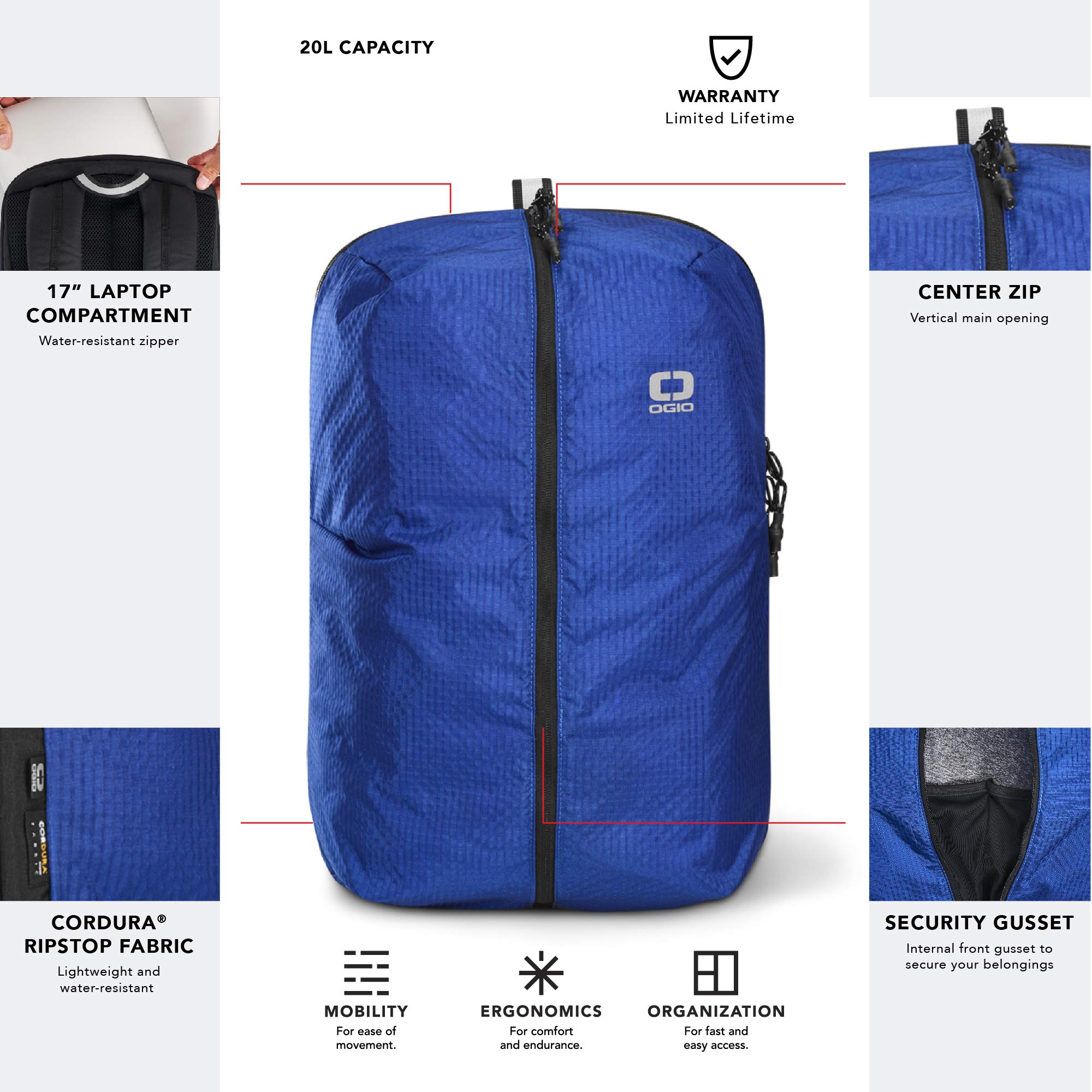 OGIO FUSE Lightweight Backpack (20 Liter, Cobalt, Zip Top)