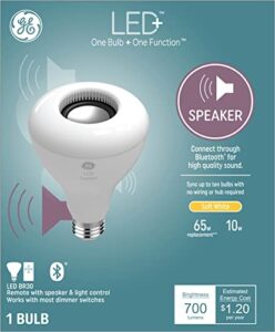 ge lighting led+ speaker indoor floodlight bulb, soft white, bluetooth speaker, no app or wi-fi required, remote included, br30 indoor floodlight bulb (1 pack)