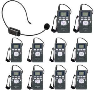 retekess church translation system with 1 tr503 fm transmitter headset and 10 pr13 fm radio receivers, fm listening system for factory museum school(case of 1 transmitter 10 receivers)