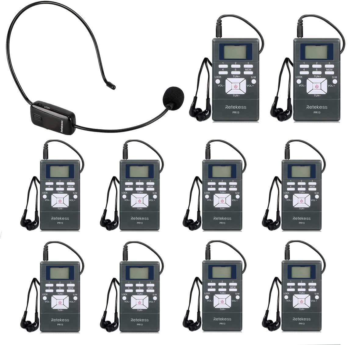 Retekess Church Translation System with 1 TR503 FM Transmitter Headset and 10 PR13 FM Radio Receivers, FM Listening System for Factory Museum School(Case of 1 Transmitter 10 Receivers)