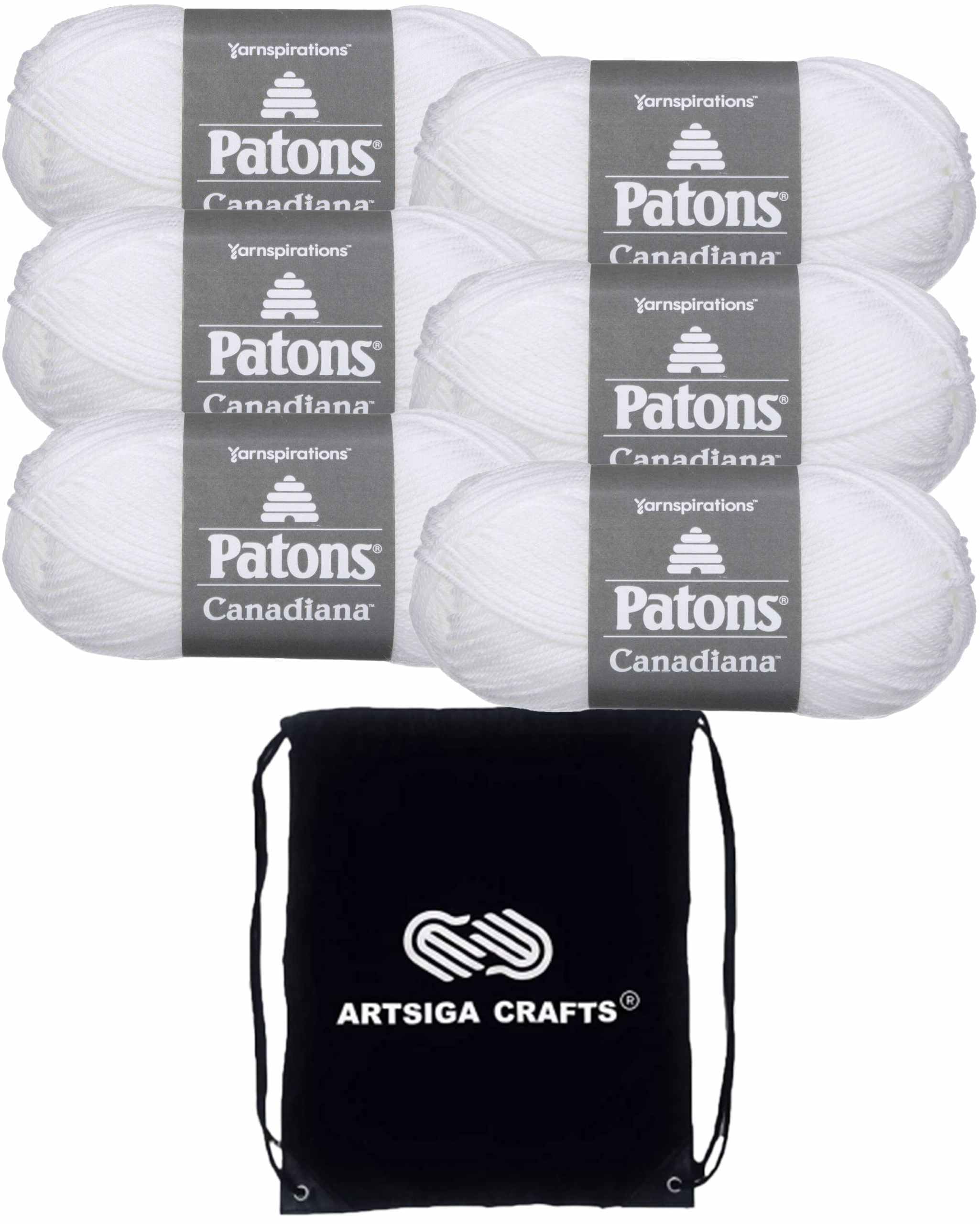 Patons Canadiana Solids White 244510-10005 (6-Pack - Same Dye Lot) Worsted Medium #4 Acrylic Yarn for Crocheting and Knitting - Bundle with 1 Artsiga Crafts Project Bag