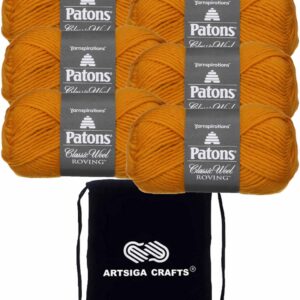 Patons Classic Wool Roving Yellow 241077-77615 (6-Pack - Same Dye Lot) Chunky Bulky #5 Wool Yarn for Crocheting and Knitting - Bundle with 1 Artsiga Crafts Project Bag