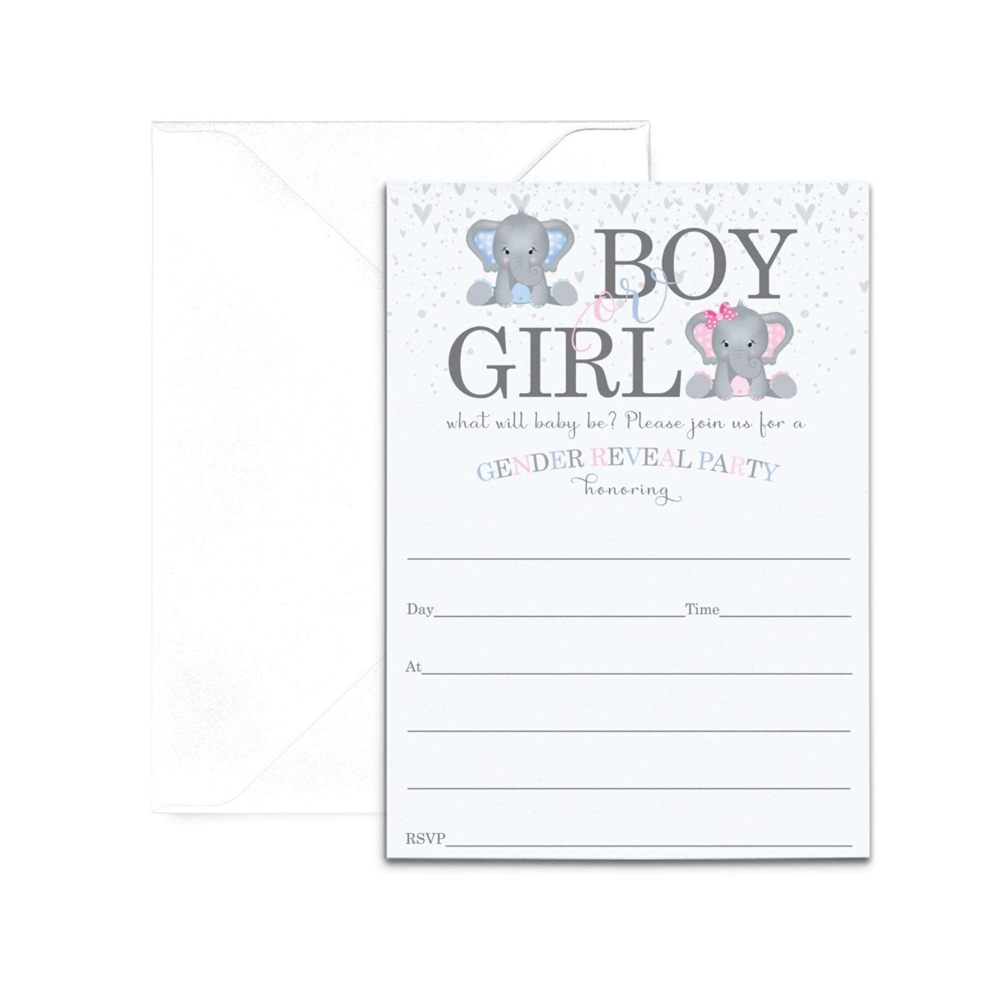 Elephant Gender Reveal Invitations with Envelopes (25 Pack) Invites for Baby Shower Party – Pink and Blue Theme Boy or Girl – Fill-In Details on Blank Card Set 5x7