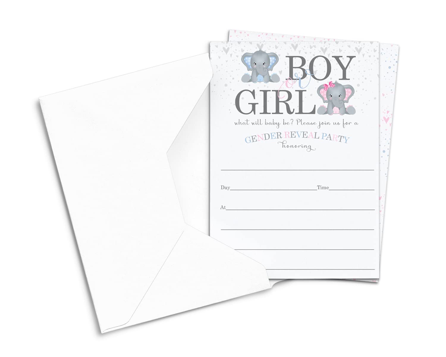 Elephant Gender Reveal Invitations with Envelopes (25 Pack) Invites for Baby Shower Party – Pink and Blue Theme Boy or Girl – Fill-In Details on Blank Card Set 5x7