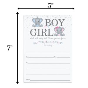 Elephant Gender Reveal Invitations with Envelopes (25 Pack) Invites for Baby Shower Party – Pink and Blue Theme Boy or Girl – Fill-In Details on Blank Card Set 5x7