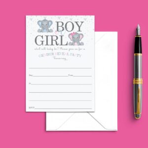 Elephant Gender Reveal Invitations with Envelopes (25 Pack) Invites for Baby Shower Party – Pink and Blue Theme Boy or Girl – Fill-In Details on Blank Card Set 5x7