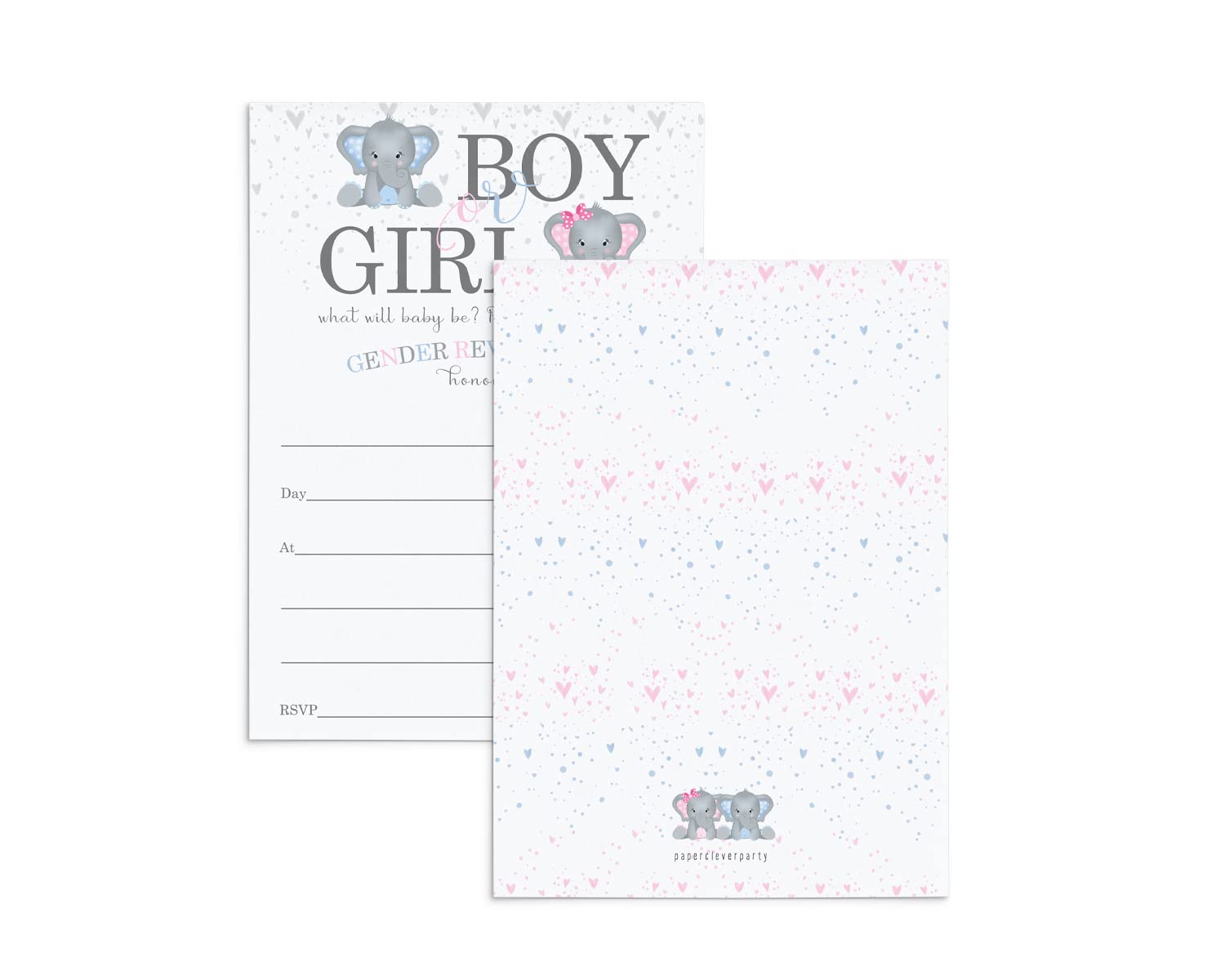 Elephant Gender Reveal Invitations with Envelopes (25 Pack) Invites for Baby Shower Party – Pink and Blue Theme Boy or Girl – Fill-In Details on Blank Card Set 5x7