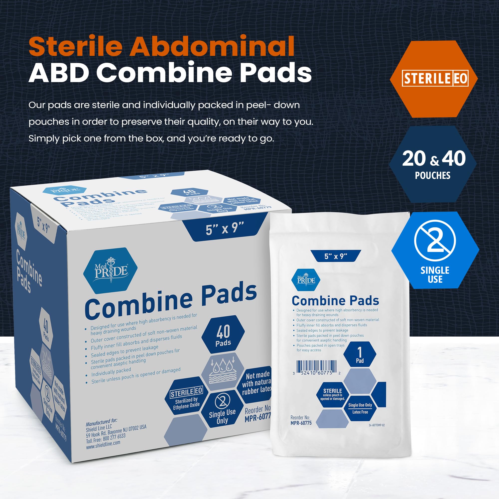 MED PRIDE Sterile Abdominal- ABD Combine Pads| 40-Pack, 5 x 9 Inches| Extra Absorbent & Thick, Individually Wrapped Wound Dressing, First Aid Pads| Surgical-Grade, Nonstick- for Heavy Leakage, Post Op