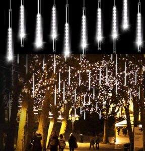 aluan christmas lights meteor shower rain lights 10 tube 240 led 12 inch waterproof plug in falling rain fairy string lights for halloween christmas holiday party home patio outdoor decoration, white