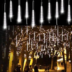 Aluan Christmas Lights Meteor Shower Rain Lights 10 Tube 240 LED 12 Inch Waterproof Plug in Falling Rain Fairy String Lights for Halloween Christmas Holiday Party Home Patio Outdoor Decoration, White