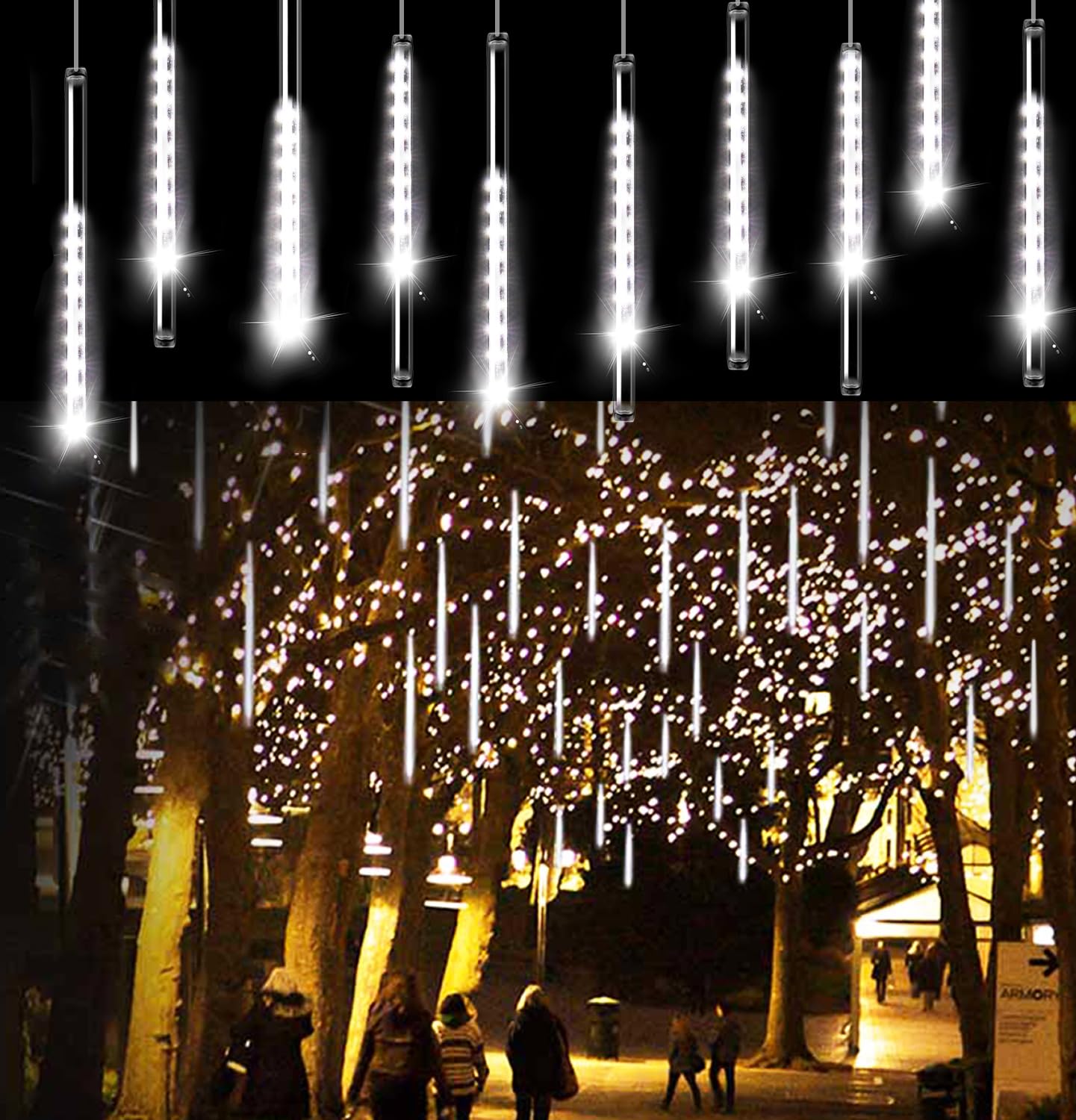 Aluan Christmas Lights Meteor Shower Rain Lights 10 Tube 240 LED 12 Inch Waterproof Plug in Falling Rain Fairy String Lights for Halloween Christmas Holiday Party Home Patio Outdoor Decoration, White