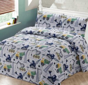 better home style white yellow green blue construction vehicles kids / boys coverlet bedspread quilt set with pillowcases and cement mixers cranes and bulldozer designs # crane (queen / full)