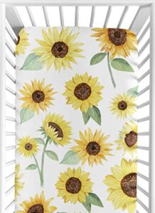 sweet jojo designs yellow, green and white sunflower boho floral girl baby or toddler nursery fitted crib sheet - farmhouse watercolor flower