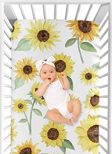 Sweet Jojo Designs Yellow, Green and White Sunflower Boho Floral Girl Baby or Toddler Nursery Fitted Crib Sheet - Farmhouse Watercolor Flower