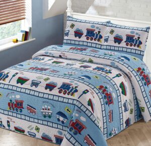 better home style red white and blue choo choo train railroad tracks kids/boys/toddler coverlet bedspread quilt set with pillowcases # train (queen/full)