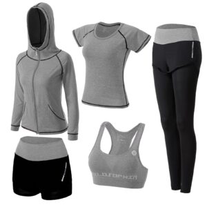 zetiy women's 5pcs sport suits fitness yoga running athletic tracksuits (xl, light grey)