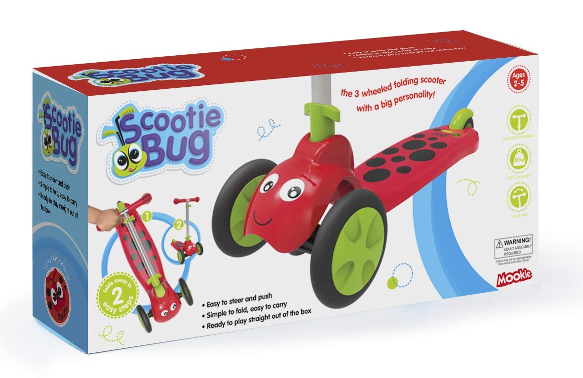 Mookie Scootiebug - Red | 3-Wheel Foldable Scooter with Height-Adjustable Handlebar, Develop Balance and Motor Skills, Sturdy and Easy to Maneuver | For Kids Ages 2 to 5 (8561)