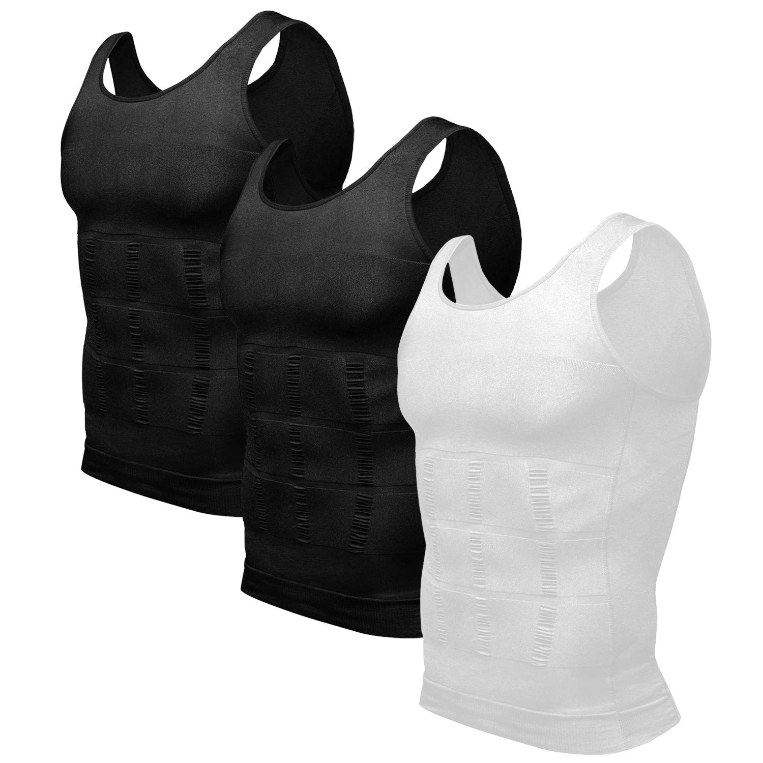 Odoland Men's 3 Pack Body Shaper Base Layer Shirt Tummy Shirt, Black/Black/White, L