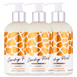 coochy plus intimate shaving cream moisturizing plus citrus elixir for pubic, bikini line, armpit - rash-free with patent-pending formula–prevents razor burns & bumps, in-grown hairs, itchiness 3 pack