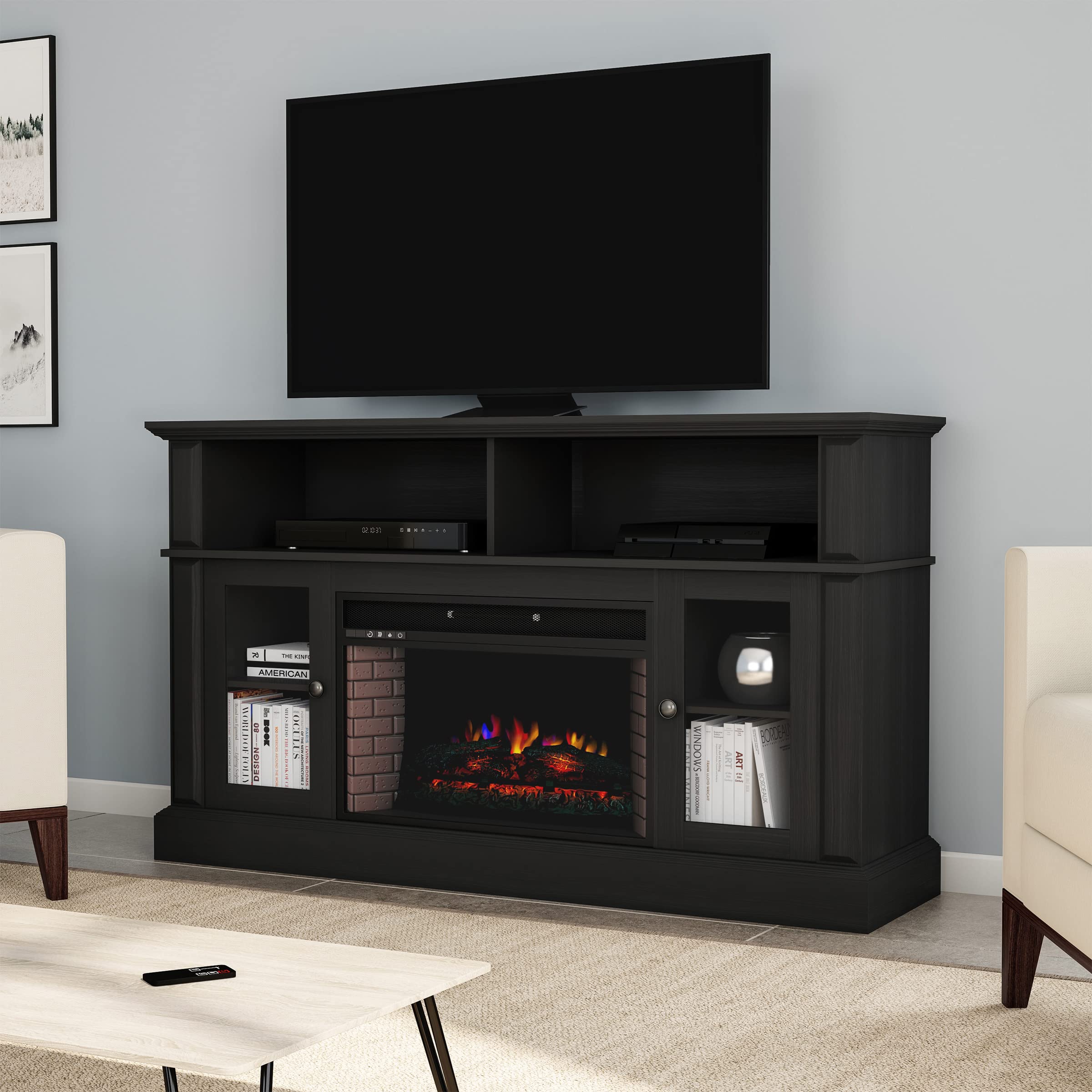 59-Inch Long Electric Fireplace TV Stand Entertainment Center Console with Remote, LED Flames, Adjustable Heat by Northwest (Black)