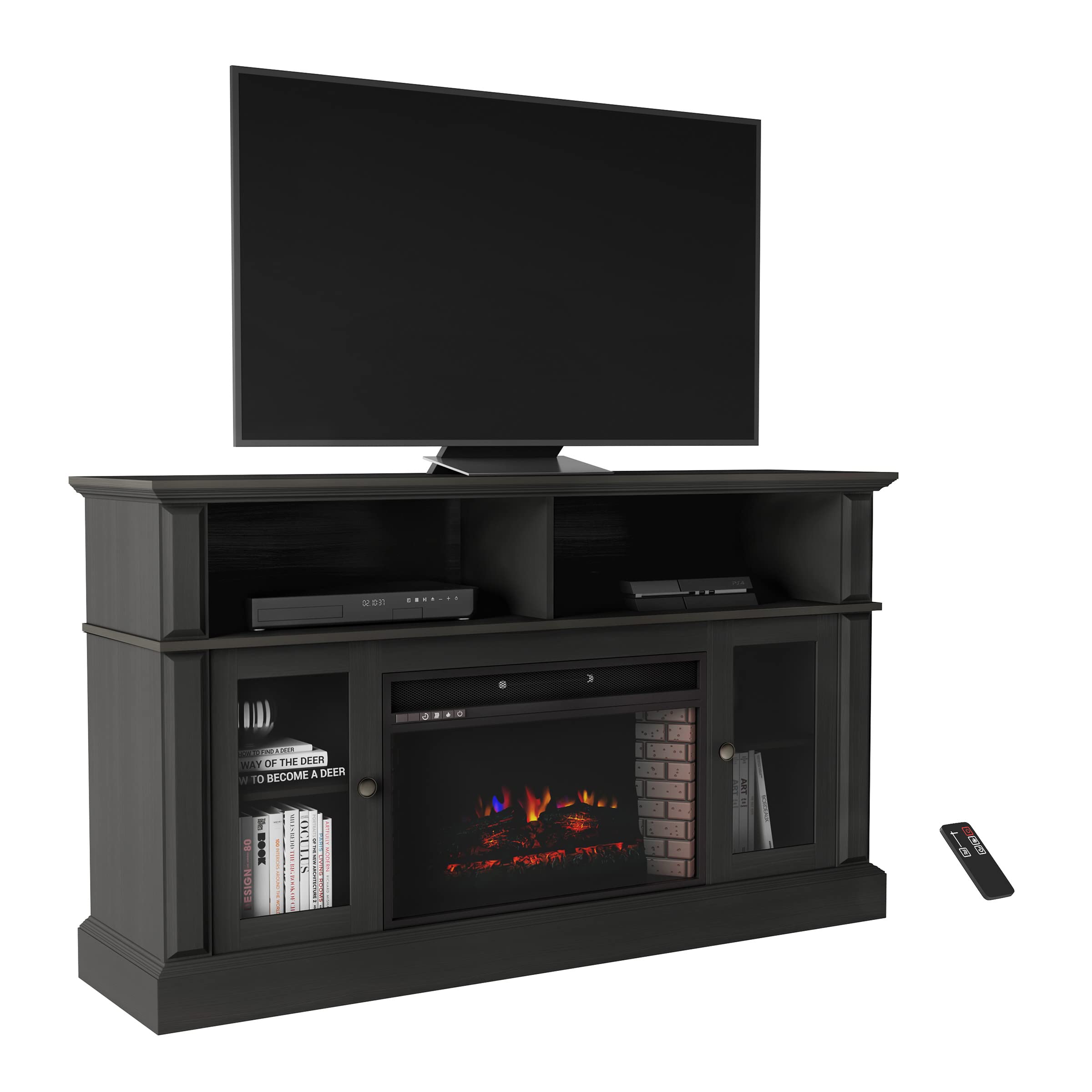 59-Inch Long Electric Fireplace TV Stand Entertainment Center Console with Remote, LED Flames, Adjustable Heat by Northwest (Black)