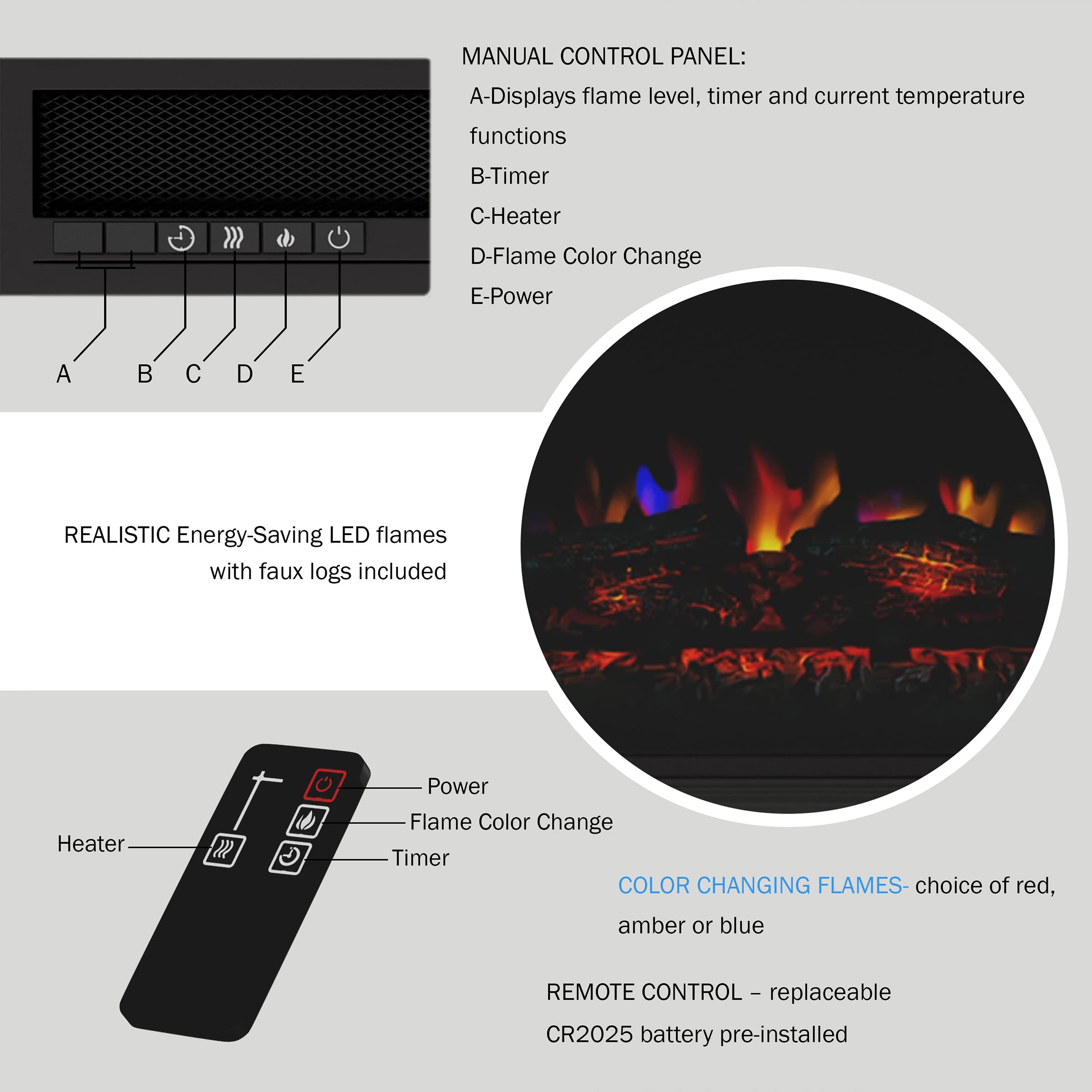 59-Inch Long Electric Fireplace TV Stand Entertainment Center Console with Remote, LED Flames, Adjustable Heat by Northwest (Black)