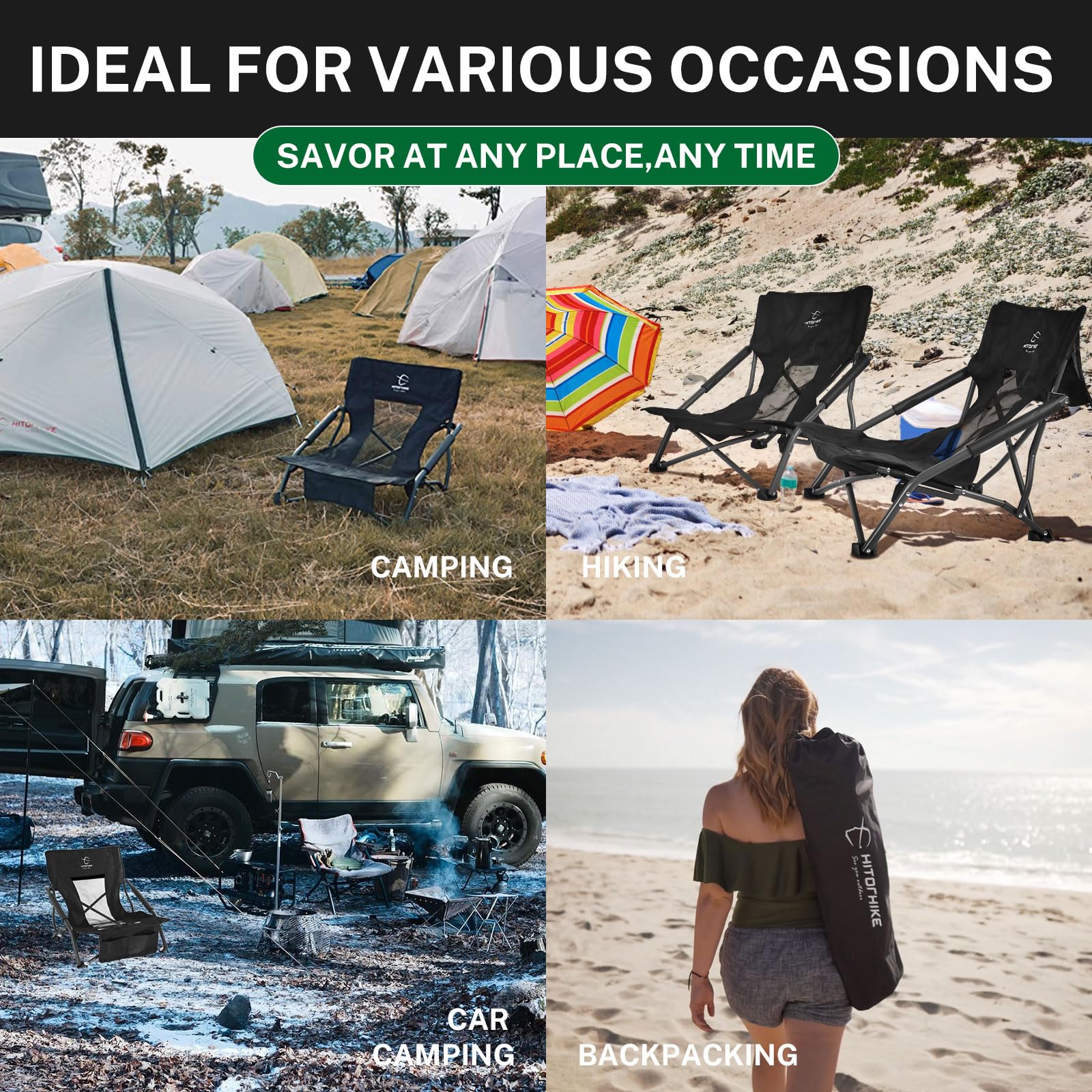 HITORHIKE Low Sling Beach Camping Concert Folding Chair with Armrests and Breathable Nylon Mesh Back Compact and Sturdy Chair