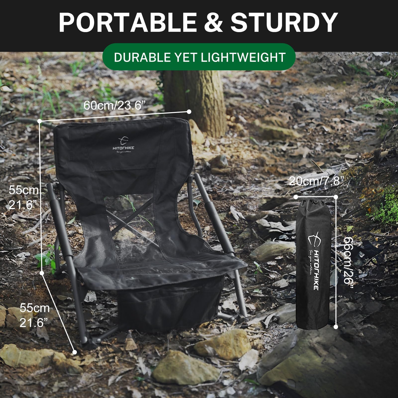 HITORHIKE Low Sling Beach Camping Concert Folding Chair with Armrests and Breathable Nylon Mesh Back Compact and Sturdy Chair