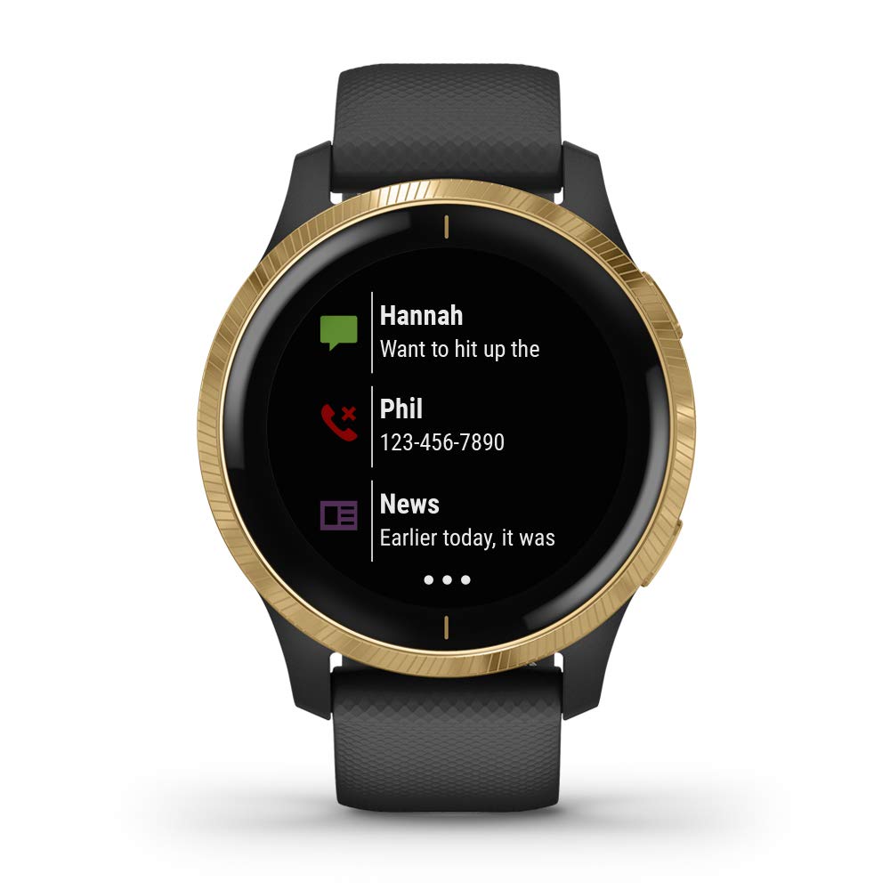 Garmin 010-02173-31 Venu, GPS Smartwatch, Bright Touchscreen Display, Features Music, Body Energy Monitoring, Animated Workouts, Pulse Ox Sensor and More, Gold with Black Band