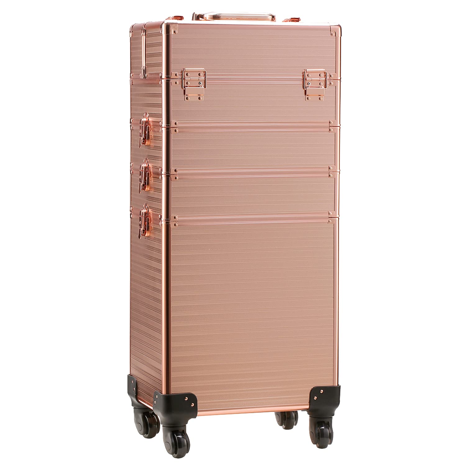 Channcase 4 in 1 Portable Traveling Aluminum Professional Makeup Trolley Cart with Multiple-Sized Compartments and Wheels, Rose Gold