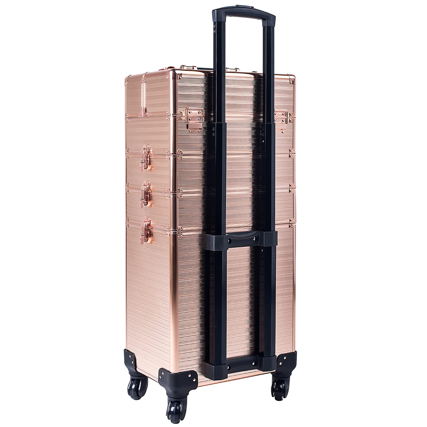 Channcase 4 in 1 Portable Traveling Aluminum Professional Makeup Trolley Cart with Multiple-Sized Compartments and Wheels, Rose Gold