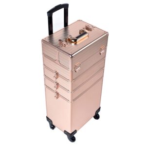 Channcase 4 in 1 Portable Traveling Aluminum Professional Makeup Trolley Cart with Multiple-Sized Compartments and Wheels, Rose Gold